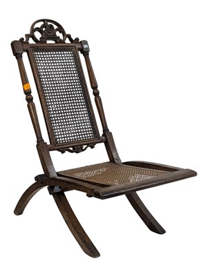 Lot 995 - EARLY 20TH CENTURY MAHOGANY CAMPAIGN STEAMER FOLDING RATTAN CHAIR