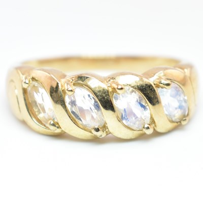 Lot 283 - HALLMARKED 9CT GOLD RAINBOW MOONSTONE FOUR STONE RING