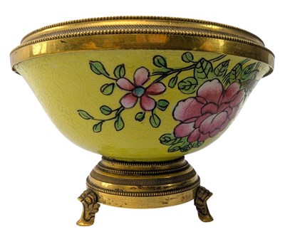 Lot 127 - QING DYNASTY XIANFENG ORMOLU MOUNTED YELLOW GROUND INCISED & ENAMELED FLORAL BOWL