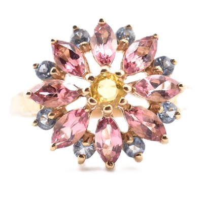 Lot 78 - HALLMARKED 9CT GOLD SAPPHIRE & TOURMALINE FLOWER CLUSTER RING