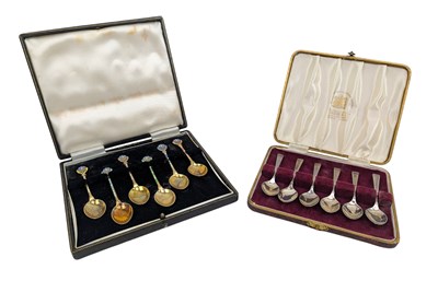 Lot 166 - TWO CASES SET OF HALLMARKED SILVER & GILT & ENAMELED TEASPOONS