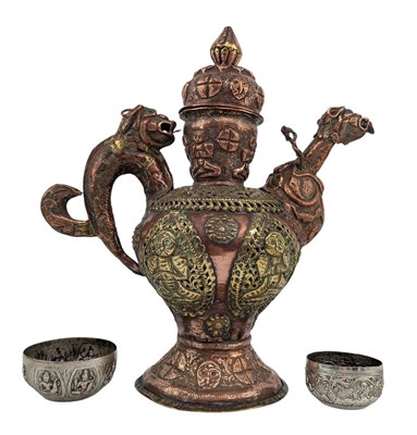 Lot 36 - 20TH CENTURY LARGE TIBETAN COPPER & BRASS RITUAL TEAPOT AND COVER