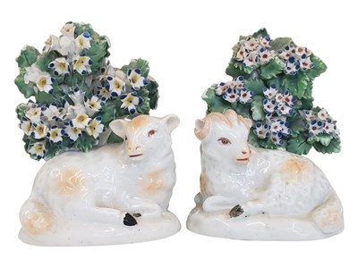 Lot 134 - PAIR OF 18TH CENTURY STAFFORDSHIRE PORCELAIN SHEEP / RAM FIGURINES