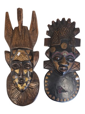 Lot 342 - TWO AFRICAN TRIBAL MID CENTURY HAND CARVED WALL HANGING MASKS