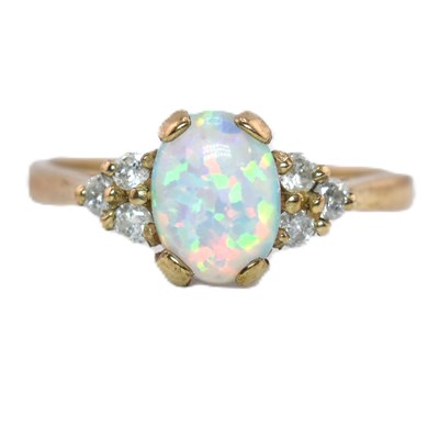 Lot 128 - HALLMARKED 9CT GOLD SYNTHETIC OPAL & DIAMOND RING