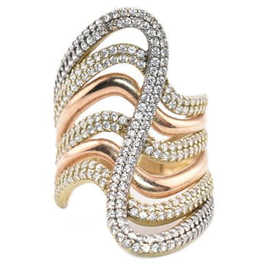 Lot 83 - HALLMARKED 9CT BI-COLOUR GOLD & CZ SWIRL RING