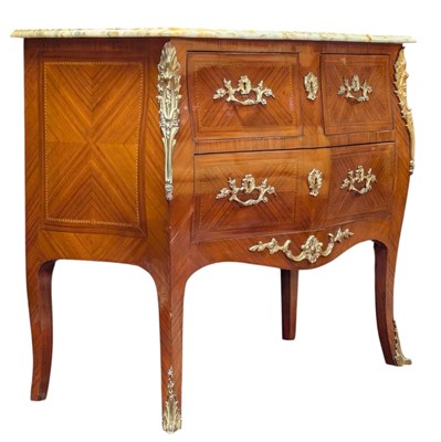 Lot 402 - FRENCH LOUIS XV INSPIRED FRUITWOOD & MARQUETRY MARBLE TOP BOMBE COMMODE
