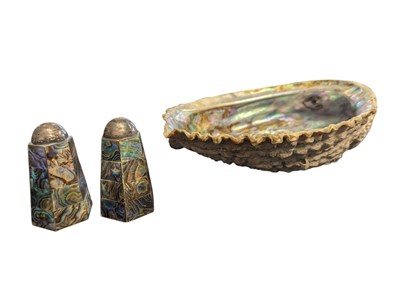 Lot 377 - 20TH CENTURY ART DECO ABALONE CRUET SET & A PAUA SHELL