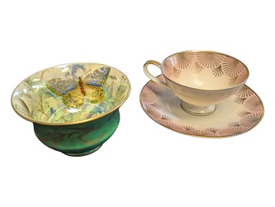 Lot 142 - 1920S AYNSLEY LUSTRE BUTTERFLY CHINA BOWL AND KPM TEACUP AND SAUCER