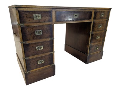 Lot 914 - WALNUT & LEATHER CAMPAIGN STYLE TWIN PEDESTAL DESK