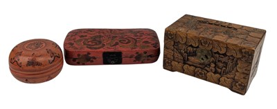 Lot 53 - 20TH CENTURY CHINESE WOODEN CHEST BOX & TWO LACQUERED BOXES