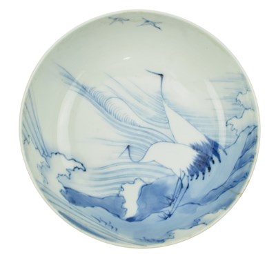 Lot 113 - 20TH CENTURY JAPANESE BLUE AND WHITE HERON PORCELAIN BOWL