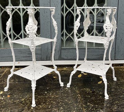 Lot 627 - PAIR OF VICTORIAN STYLE WHITE PAINTED ALUMINIUM THREE-TIER GARDEN PLANTERS