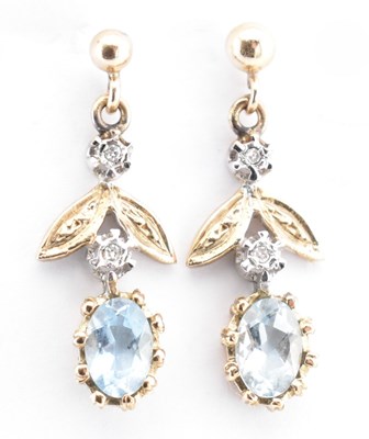 Lot 28 - HALLMARKED 9CT GOLD AQUAMARINE & DIAMOND PENDANT EARRINGS