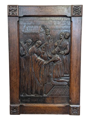 Lot 171 - CARVED OAK PLAQUE OF HENRY II AT THE TOMB OF THOMAS BECKET