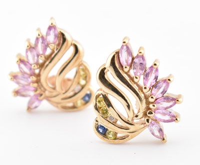 Lot 213 - HALLMARKED 9CT GOLD PINK & BLUE SAPPHIRE & WHITE TOPAZ STUD EARRINGS