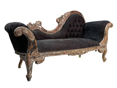 Lot 416 - BAROQUE STYLE CARVED WOOD & DRALON SCROLLED END CHAISE LOUNGE
