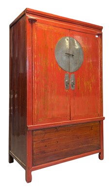 Lot 364 - CHINESE RED LACQUERED WEDDING CUPBOARD CABINET