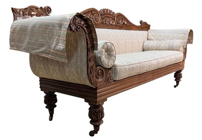 Lot 440 - WILLIAM IV 19TH CENTURY MAHOGANY RE-UPHOLSTRED SCROLLED END SETTEE SOFA