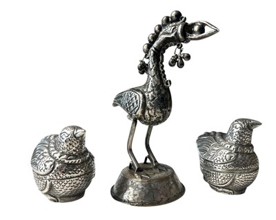 Lot 39 - A 19TH CENTURY FIGURE OF A BIRD & A PAIR OF SILVER PLATED BOXED IN FORM OF A CHICKEN
