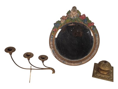 Lot 243 - 20TH CENTURY BARBOLA EASEL MIRROR WITH BRASS INKWELL & CANDLESTICK HOLDER