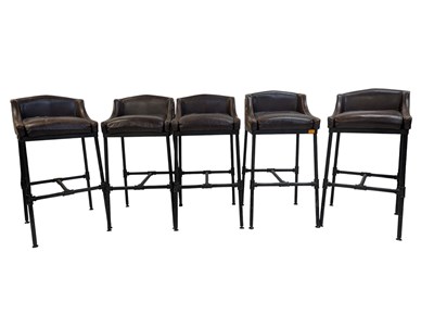 Lot 850 - SET OF INDUSTRIAL CAST METAL & TWO TONE LEATHER BAR STOOLS