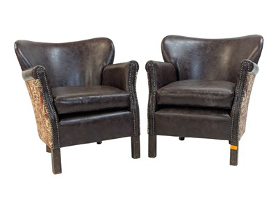 Lot 851 - PAIR OF CONTEMPORARY STUDDED LEATHER & TAPESTRY UPHOLSTERED CLUB ARMCHAIRS