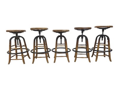 Lot 853 - SET OF INDUSTRIAL CAST METAL & ELM WOOD SWIVEL BAR STOOLS