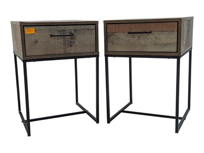 Lot 859 - MODERN DESIGN - PAIR OF PLANKED WOODEN INDUSTRIAL METAL STYLE BEDSIDE CABINETS