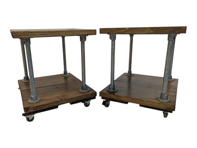 Lot 868 - MODERN DESIGN - PAIR OF PLANKED WOOD & METAL INDUSTRIAL STYLE BEDSIDE TABLES ON CASTORS