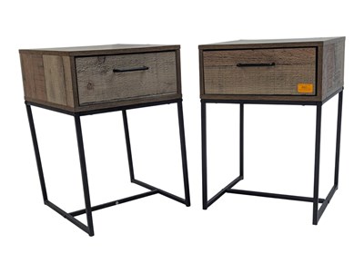 Lot 860 - MODERN DESIGN - PAIR OF PLANKED WOODEN INSDUSTRIAL METAL STYLE BEDSIDE CABINETS