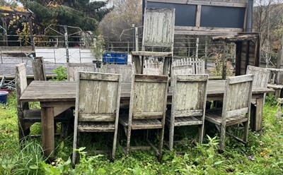 Lot 612 - LARGE WOODEN PUB GARDEN OUTDOOR TABLE WITH ELEVEN CHAIRS
