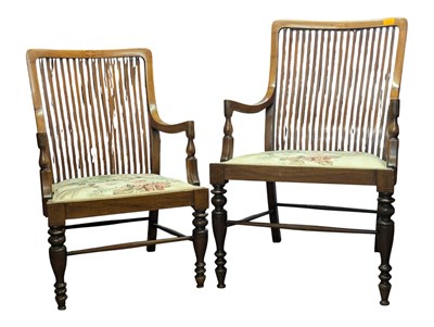 Lot 927 - VICTORIAN ARTS & CRAFTS PAIR OF MAHOGANY STICK BACK ARMCHAIRS