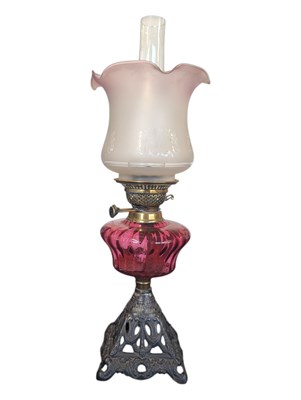 Lot 208 - VICTORIAN 19TH CENTURY CRANBERRY GLASS OIL LAMP