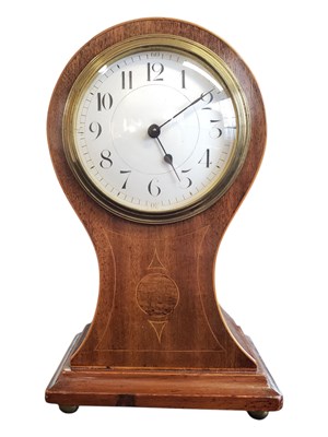 Lot 203 - EDWARDIAN MAHOGANY & BOXWOOD INLAID BALLOON MANTEL CLOCK