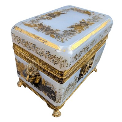 Lot 120 - CONTINENTAL 19TH CENTURY BLUE MILK GLASS & GILT PAINTED CASKET
