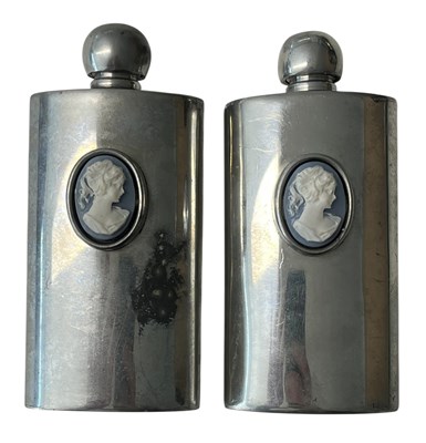Lot 102 - SHEFFIELD PEWTER - TWO LADIES PEWTER HIP FLASKS WITH CAMEO DETAILS