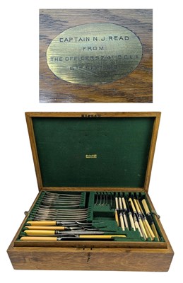 Lot 137 - FIRST WORLD WAR OAK CASED CANTEEN OF CUTLERY PRESENTED TO CAPTAIN J READ