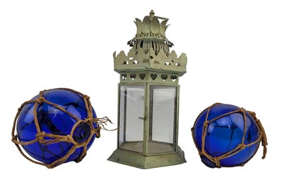 Lot 78 - TWO VINTAGE HAND BLOWN BLUE GLASS FISHING FLOATS & A LANTERN