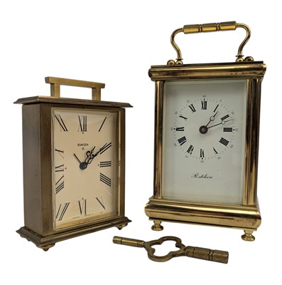 Lot 29 - 20TH CENTURY 8 DAYS BRASS CARRIAGE CLOCK & A SWISS MADE ALARM CLOCK