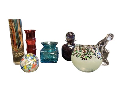Lot 35 - COLLECTION OF LATE 20TH CENTURY STUDIO GLASS VASES, PAPERWEIGHT, SCENT BOTTLE AND FIGURE