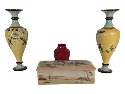 Lot 19 - EARLY 20TH CENTURY ROYAL DOULTON FAIENCE TWIN VASES WITH FLAMBE VASE AND MUSIC BOX