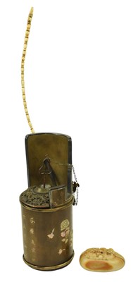 Lot 71 - QING DYNASTY WOOD AND BRASS TOBACCO PIPE WITH MOF DECORATION & A STONE PAPERWEIGHT