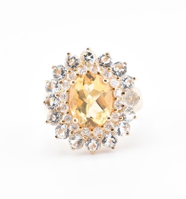 Lot 275 - HALLMARKED 9CT GOLD CITRINE & AQUAMARINE & DIAMOND CLUSTER RING