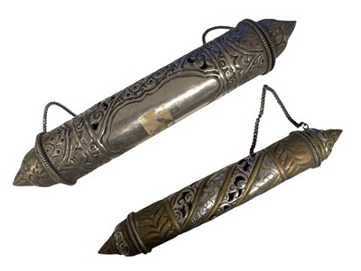 Lot 116 - MIDDLE EASTER WHITE METAL SCROLL HOLDERS (2)