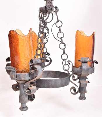 Lot 102 - VINTAGE WROUGHT IRON & HAND BLOW GLASS THREE ARM CHANDELIER