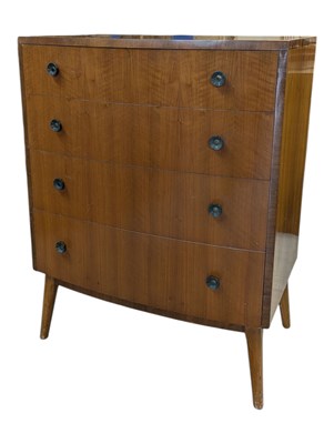 Lot 901 - 1950S POST WAR ART DECO - MID CENTURY WALNUT VENEER BOW FRONT CHEST OF DRAWERS