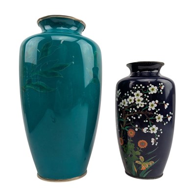 Lot 94 - TWO 20TH CENTURY JAPANESE CLOISONNE VASES INCLDUING GREEN VASE BY TAMURA