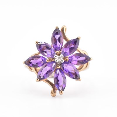 Lot 432 - HALLMARKED 9CT GOLD AMETHYST & DIAMOND FLOWER CLUSTER RING