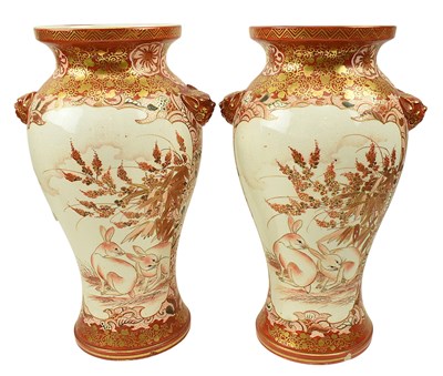 Lot 86 - PAIR OF JAPANESE MEIJI KUTANI WARE TWIN HANDLED VASES